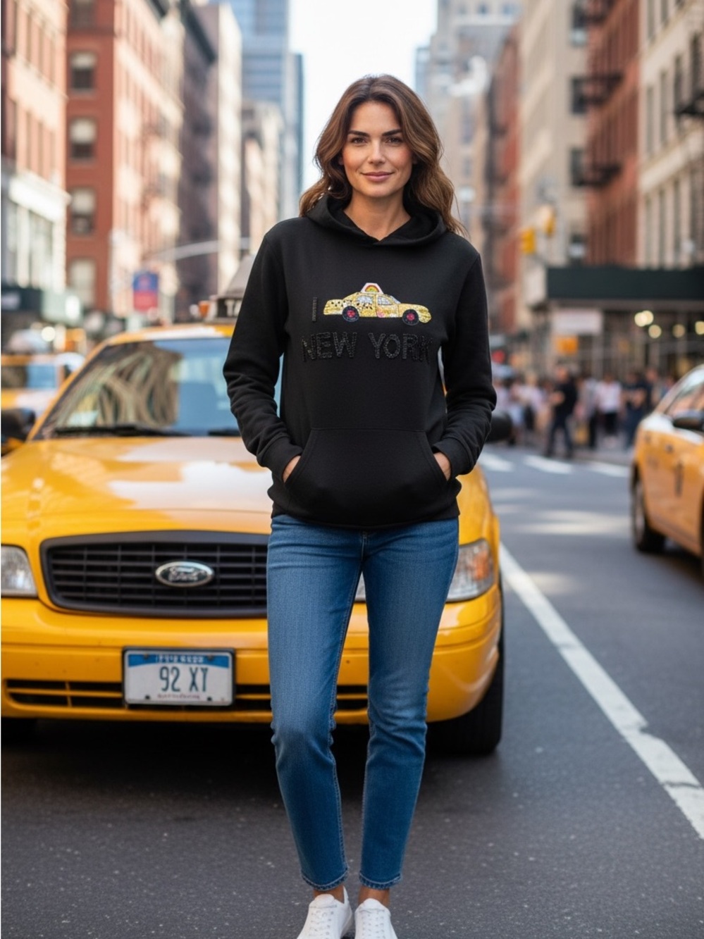 Bow & Drape NYC Taxi Sequin Hoodie — Black — Size Large